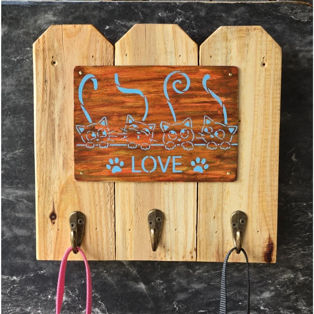Cat Leash / Key Holder, Rustic, 3 Metal Hooks, Handmade, Solid Wood, 4 Cat Lover